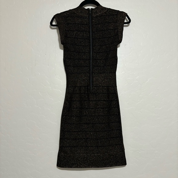 French Connection Black/Bronze Danni Crepe Cap Sleeve Metallic Bodycon Dress - Picture 8 of 14